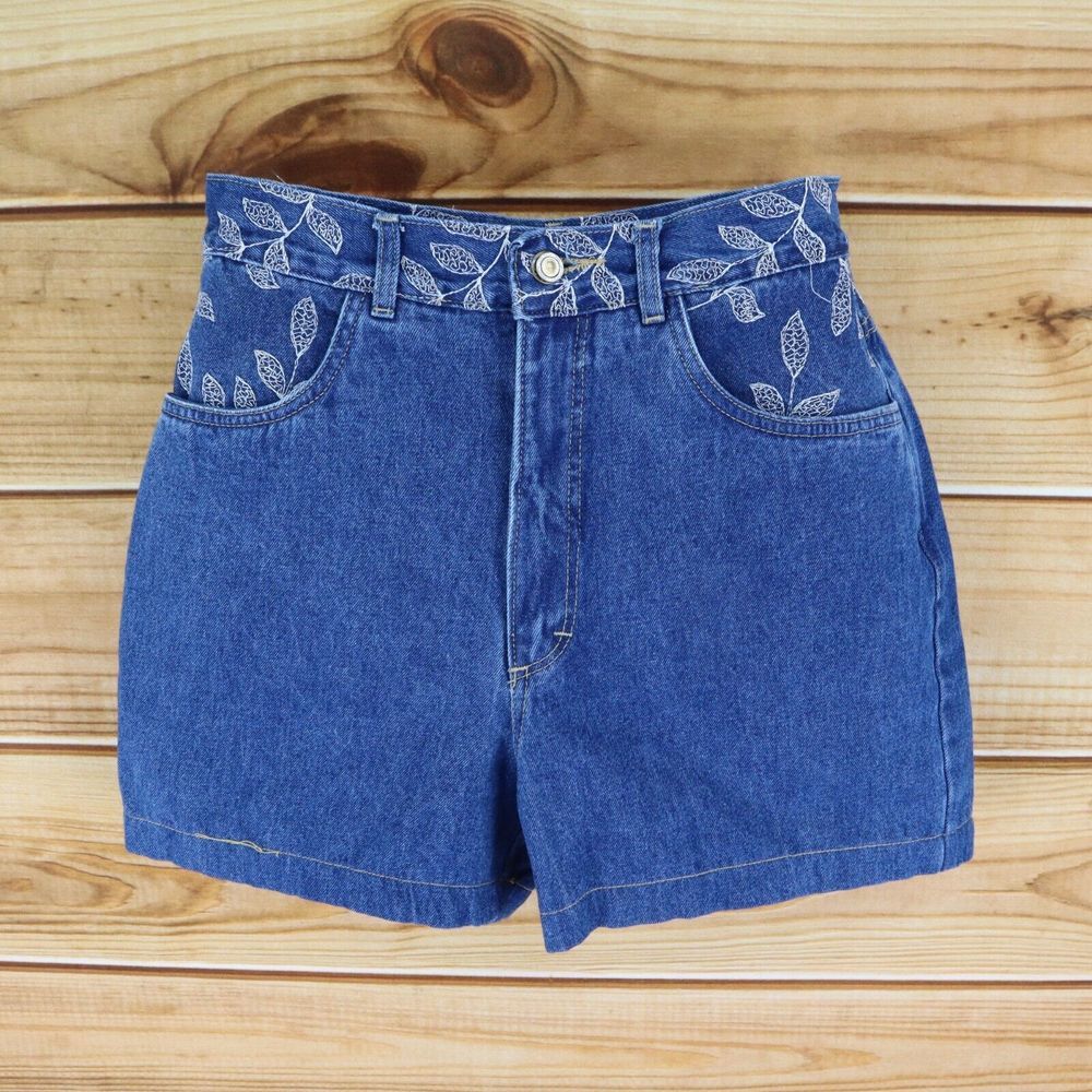 Isabel U.S.A. Jean Shorts Womens Size 12 Blue Denim Embroidered Leaves